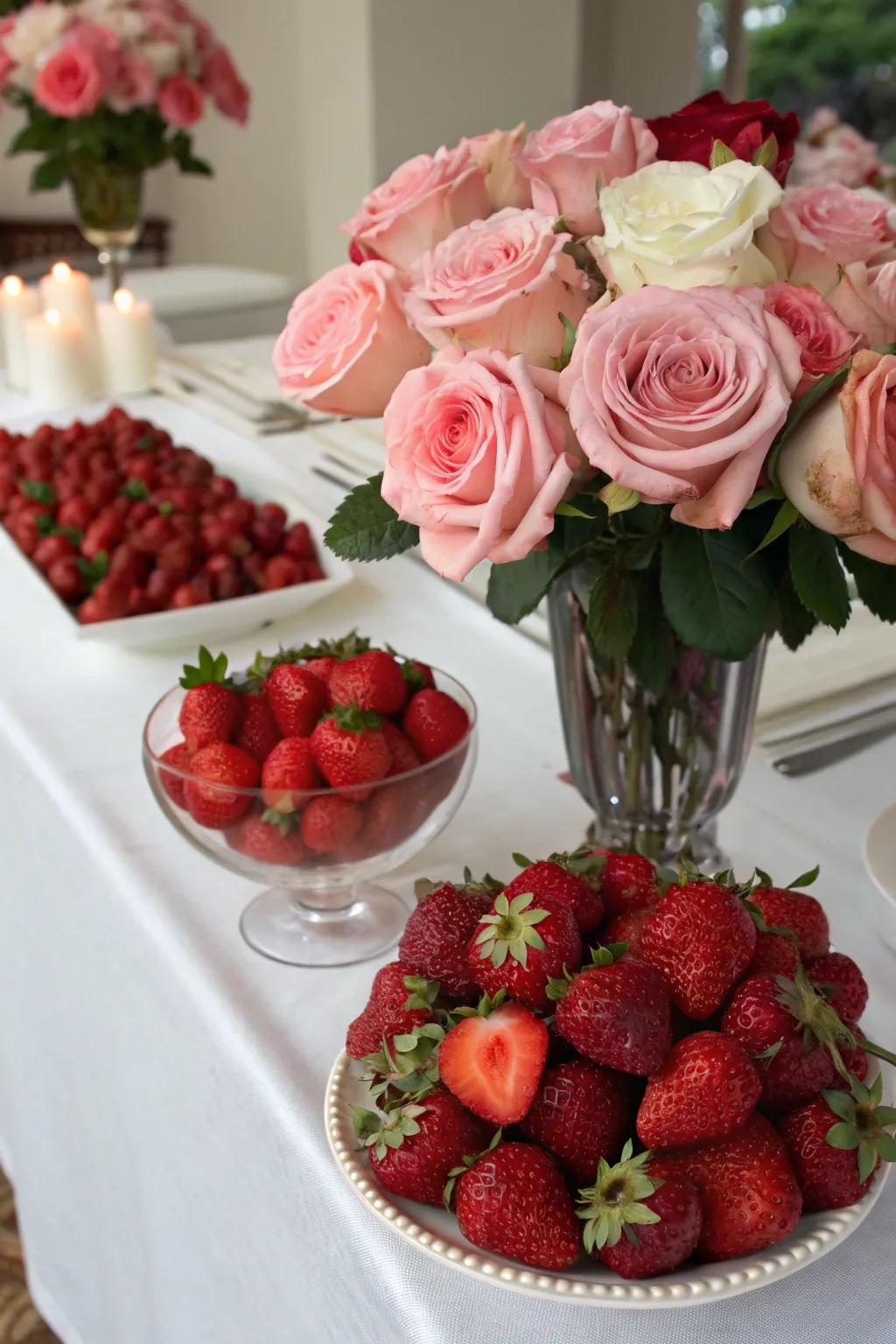 A romantic fusion of fruits and flowers for your table.