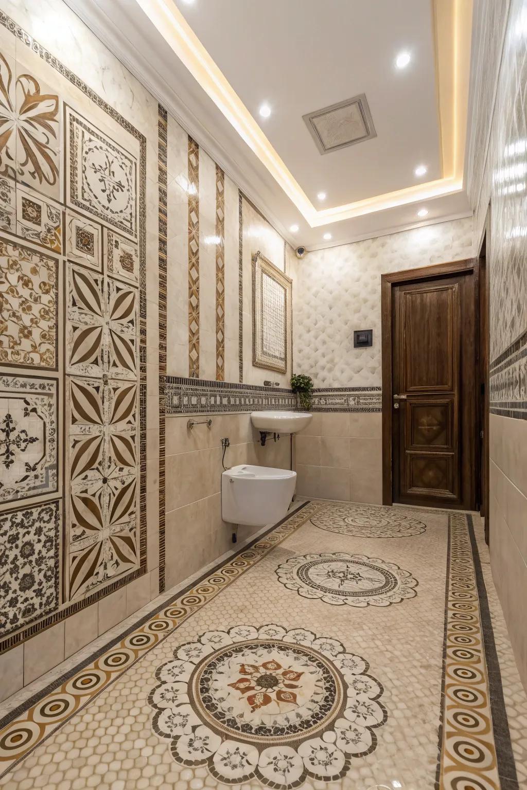 Ornamental tiling imparts character and interest to this bathroom.