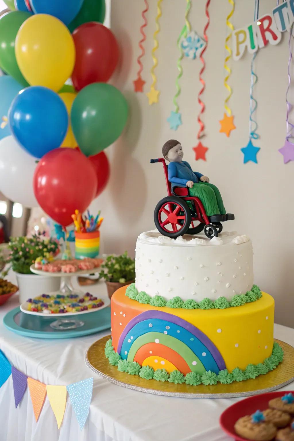 Speed into the next chapter with a touch of humor, showcased on this wheelchair-themed cake!