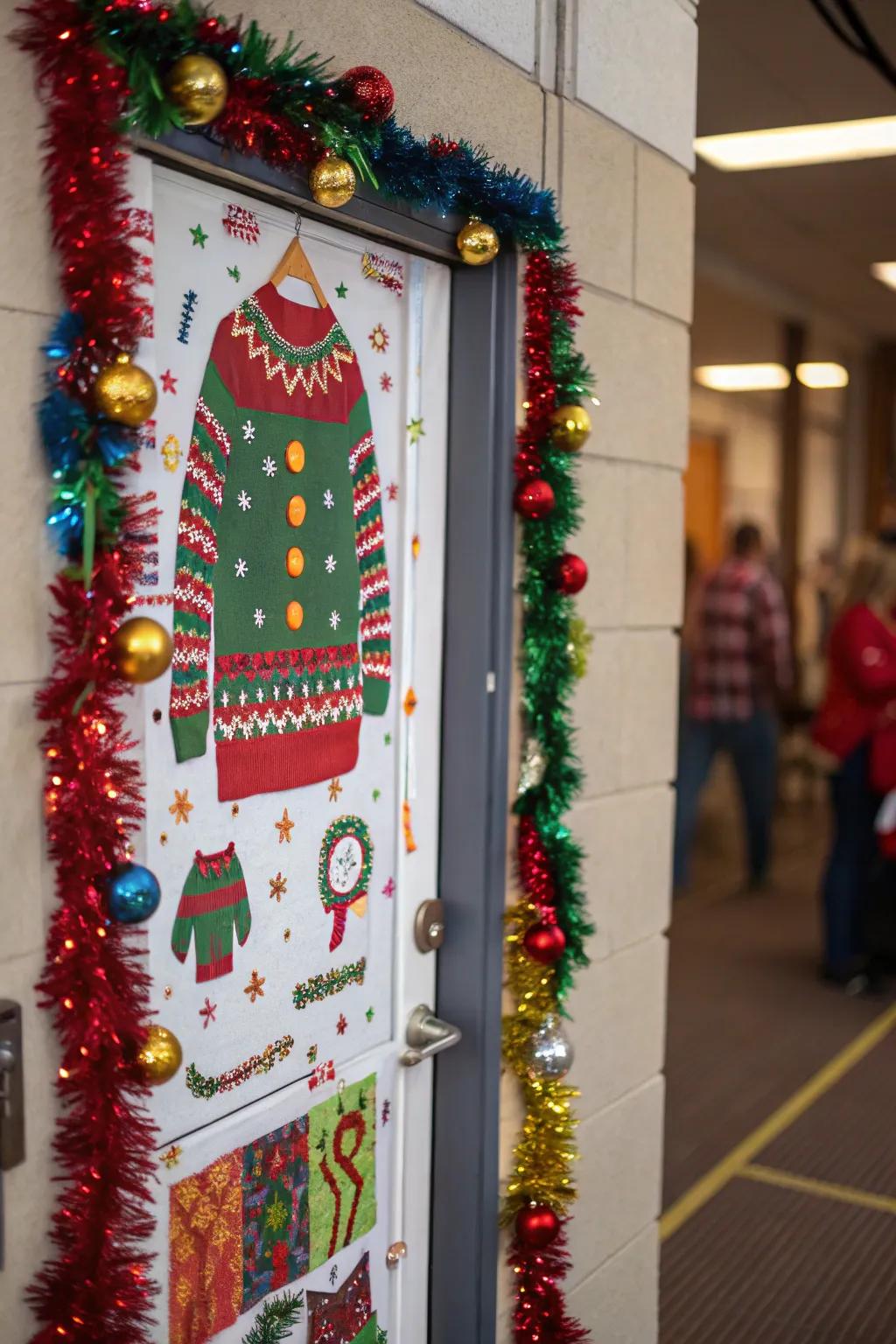 A kitsch knitwear-themed portal conveys levity and holiday essence to your abode.