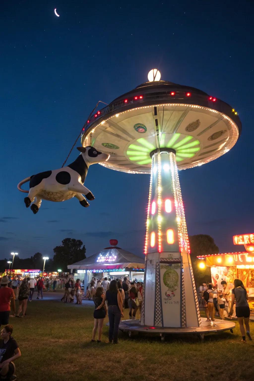 UFO markers with radiant lights infuse a whimsical aspect to nighttime festivals.