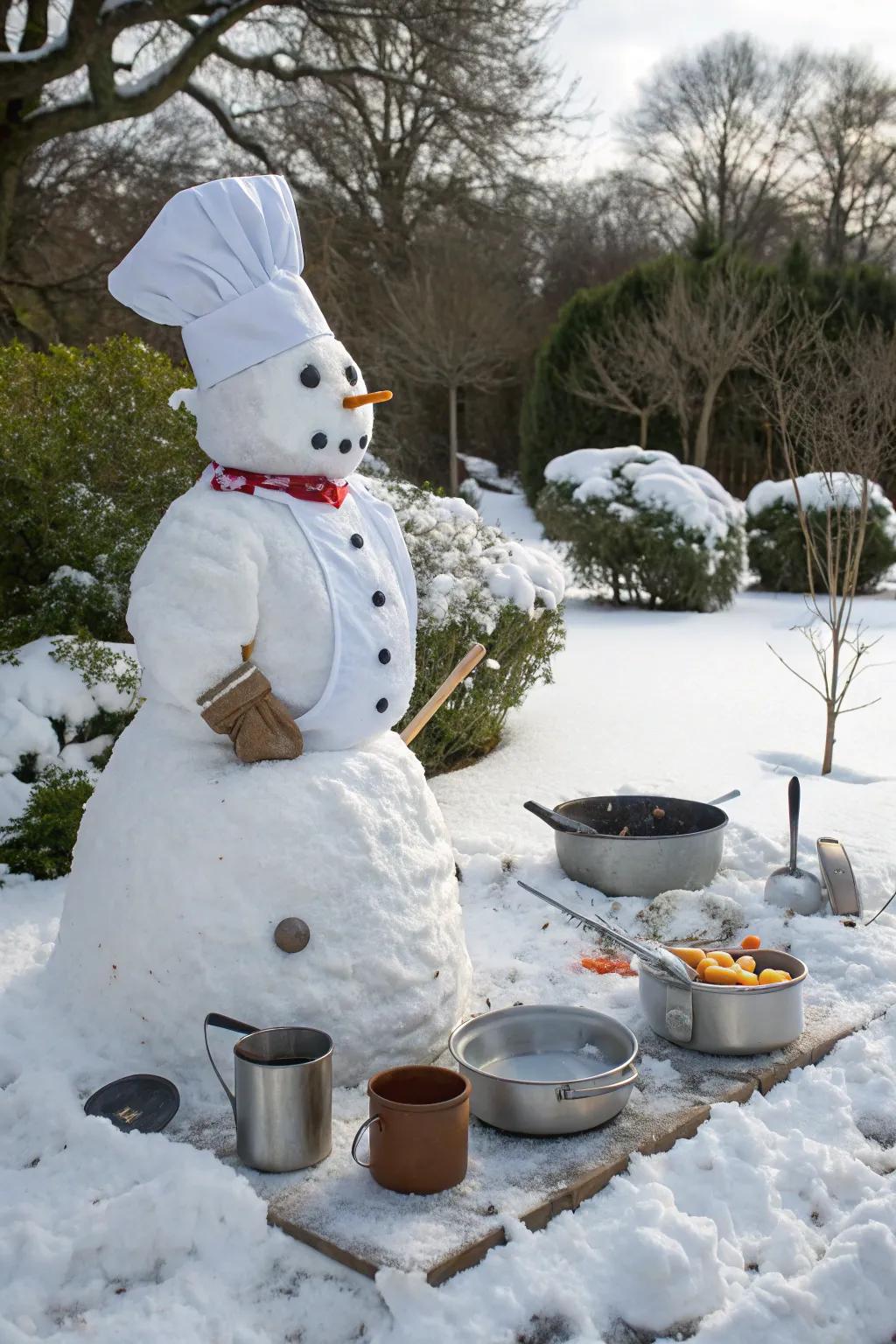 A snow figure culinary artist prepared to cook up some icy delights.