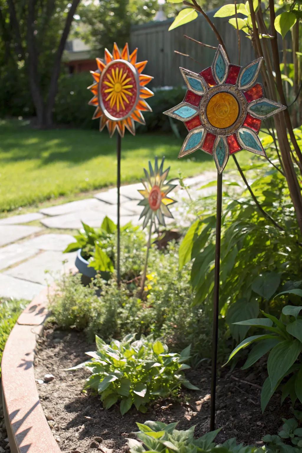 Sunburst designs illuminating a garden corner.
