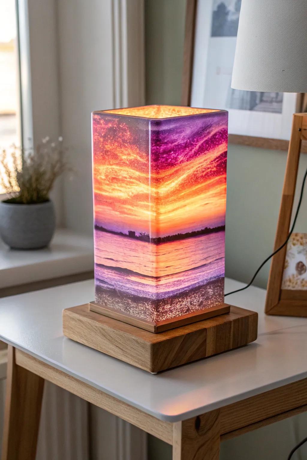 Illuminate your space with the enchanting layers of a handcrafted sunset glass night light.