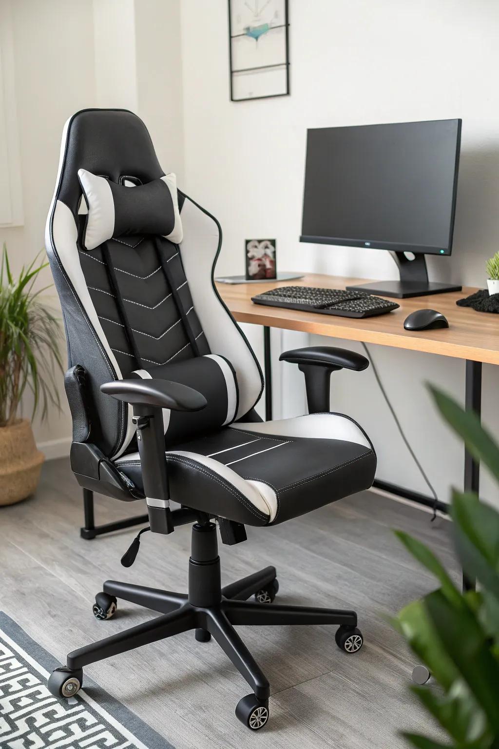 An ergonomic chair provides essential support for long gaming sessions.