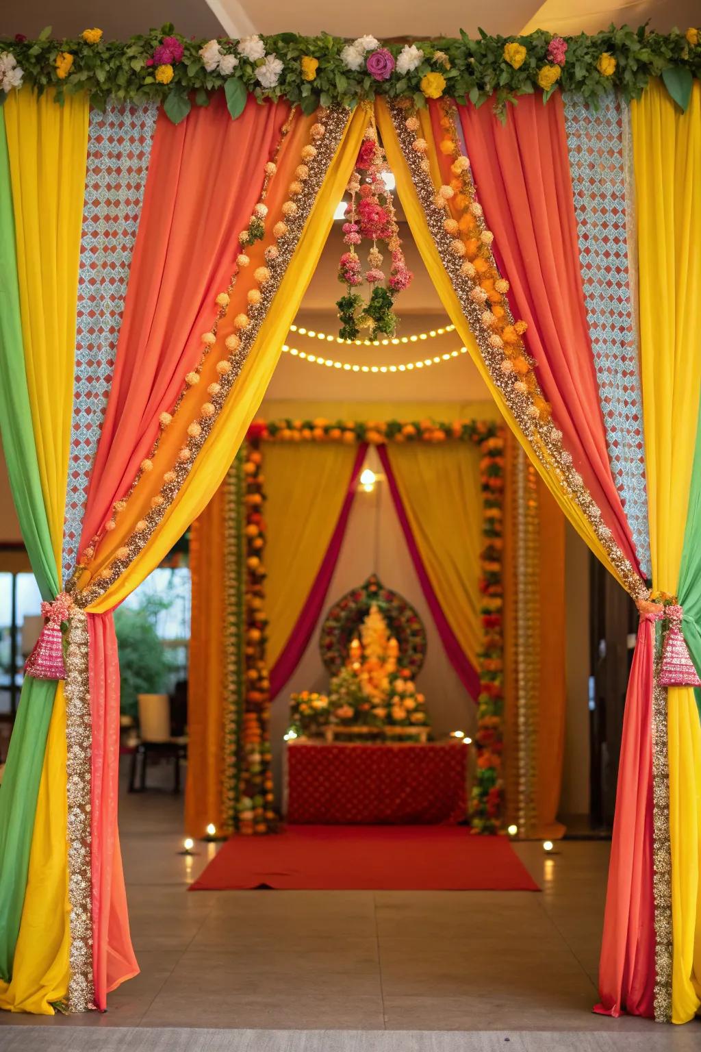 Opulent and dynamic drapes framing a Ganesh Chaturthi shrine, conjuring a celebratory atmosphere.