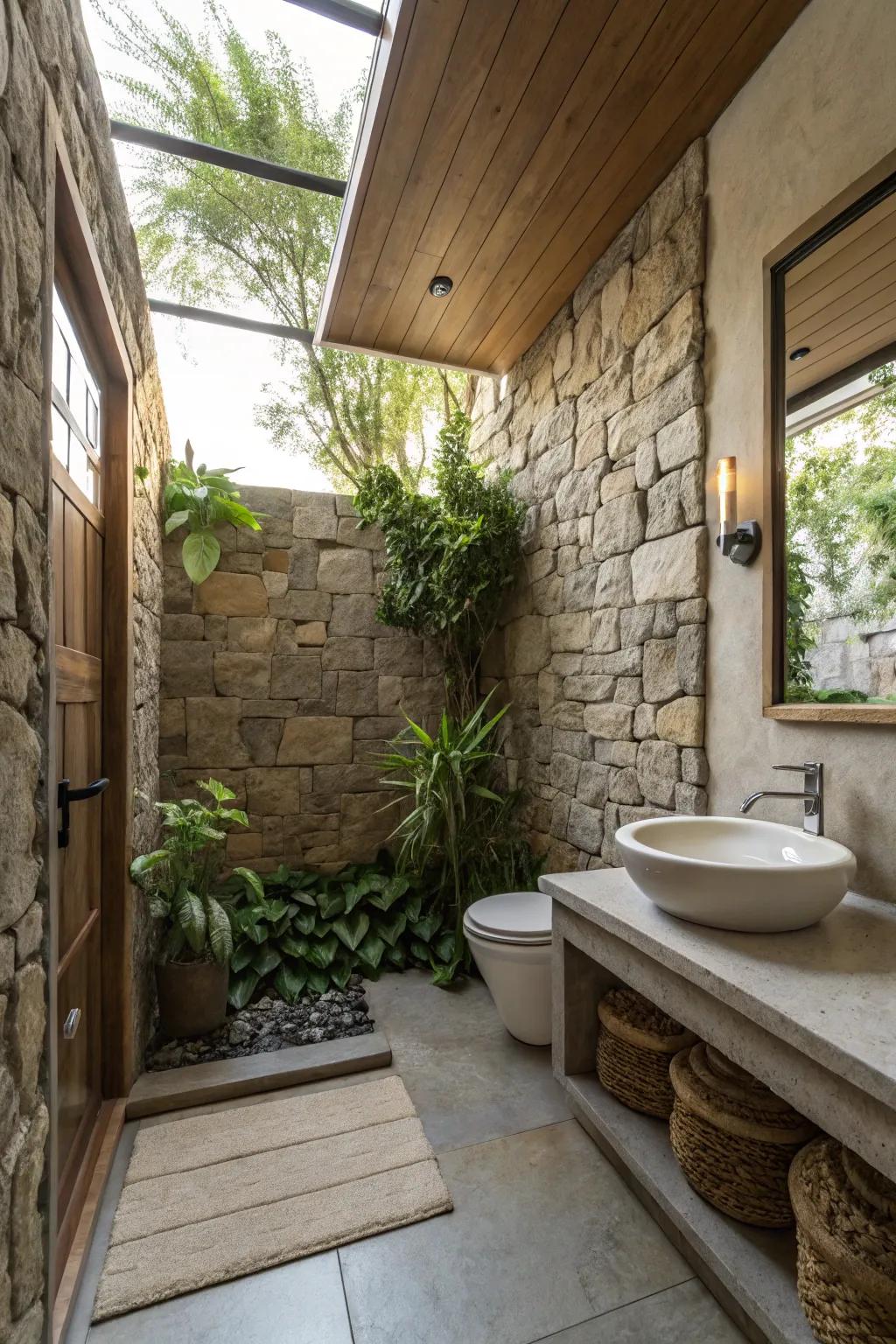 Natural elements craft a serene, spa-inspired bathroom retreat.