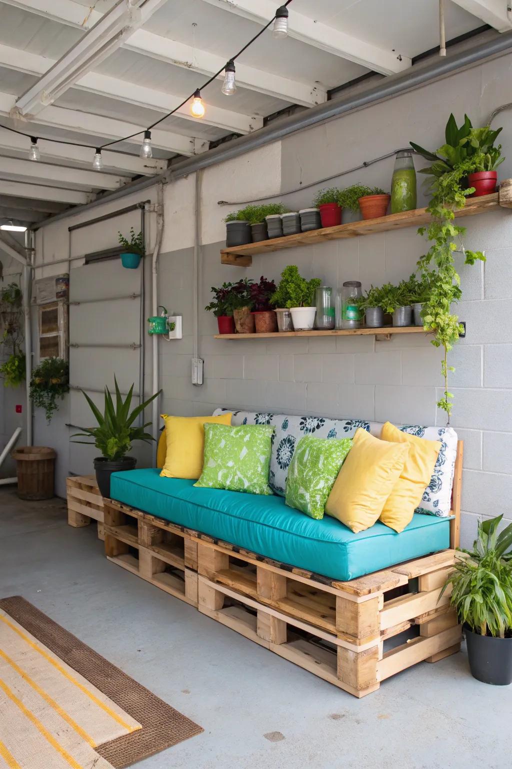 Platform seating presents an eco-friendly and rustic appeal to any garage area.