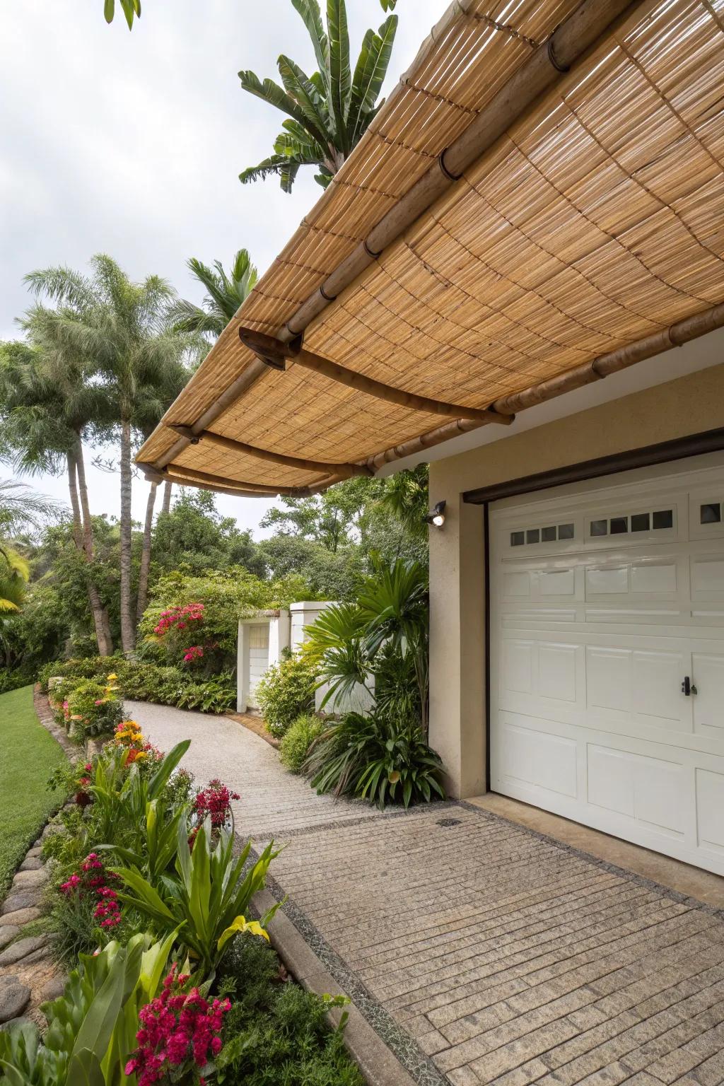Exotic reed roll-up sunshield for natural cooling.