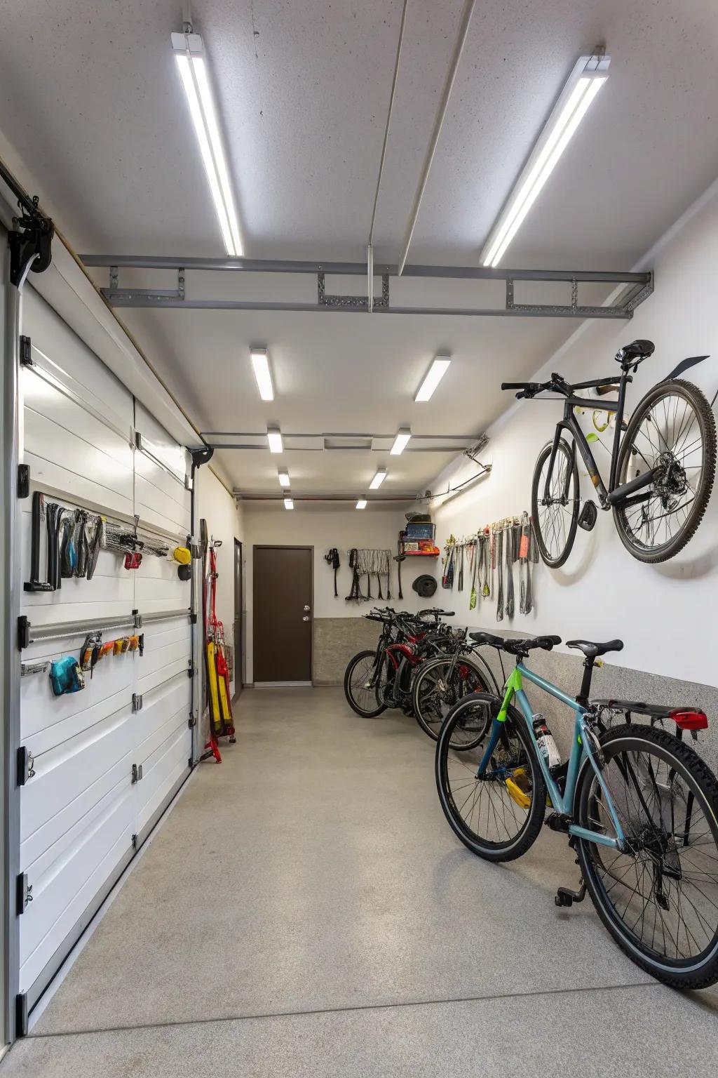 Good lighting enhances functionality and makes your garage more inviting.