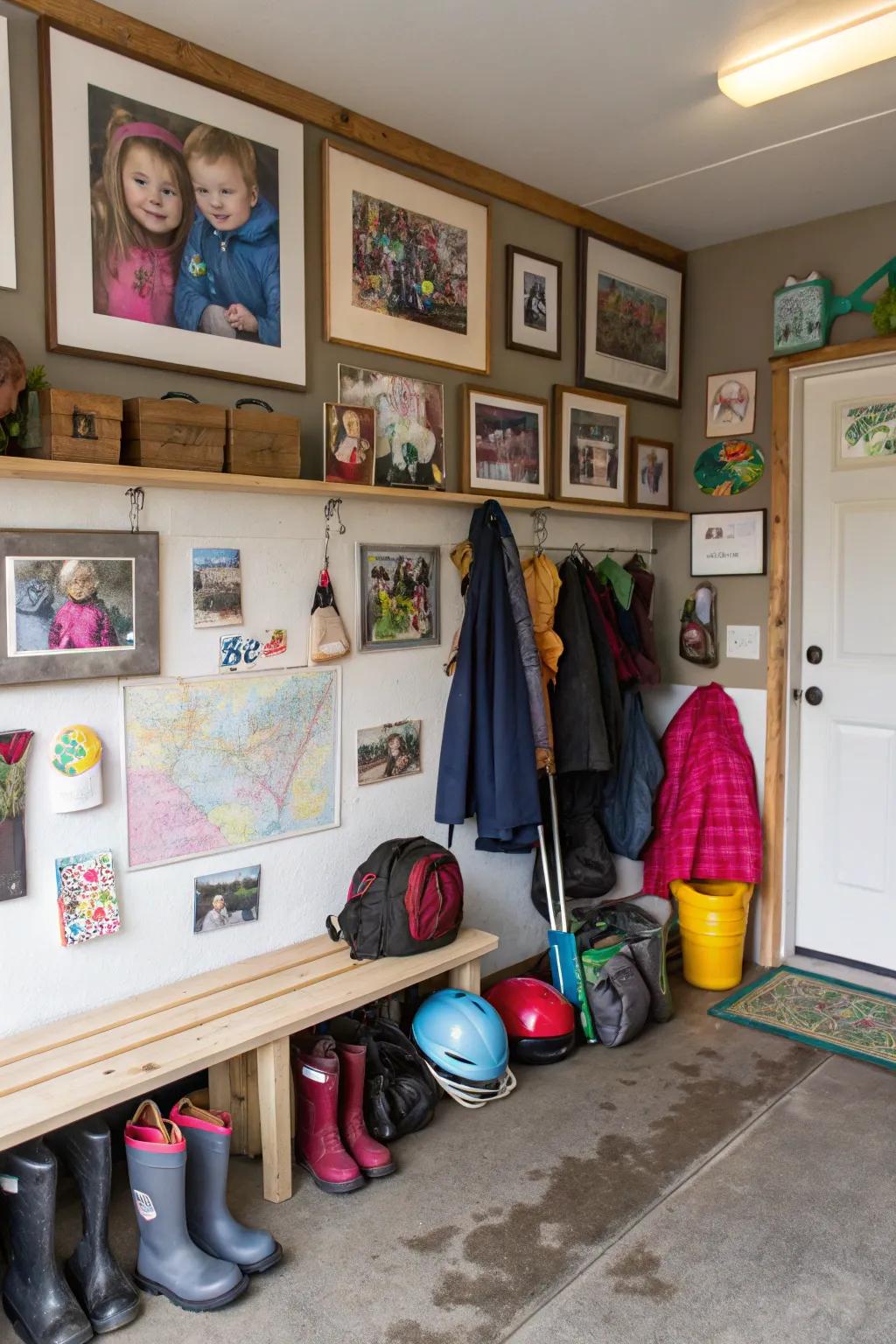Personalize your mudroom with family portraits and artwork for a hint of warmth.
