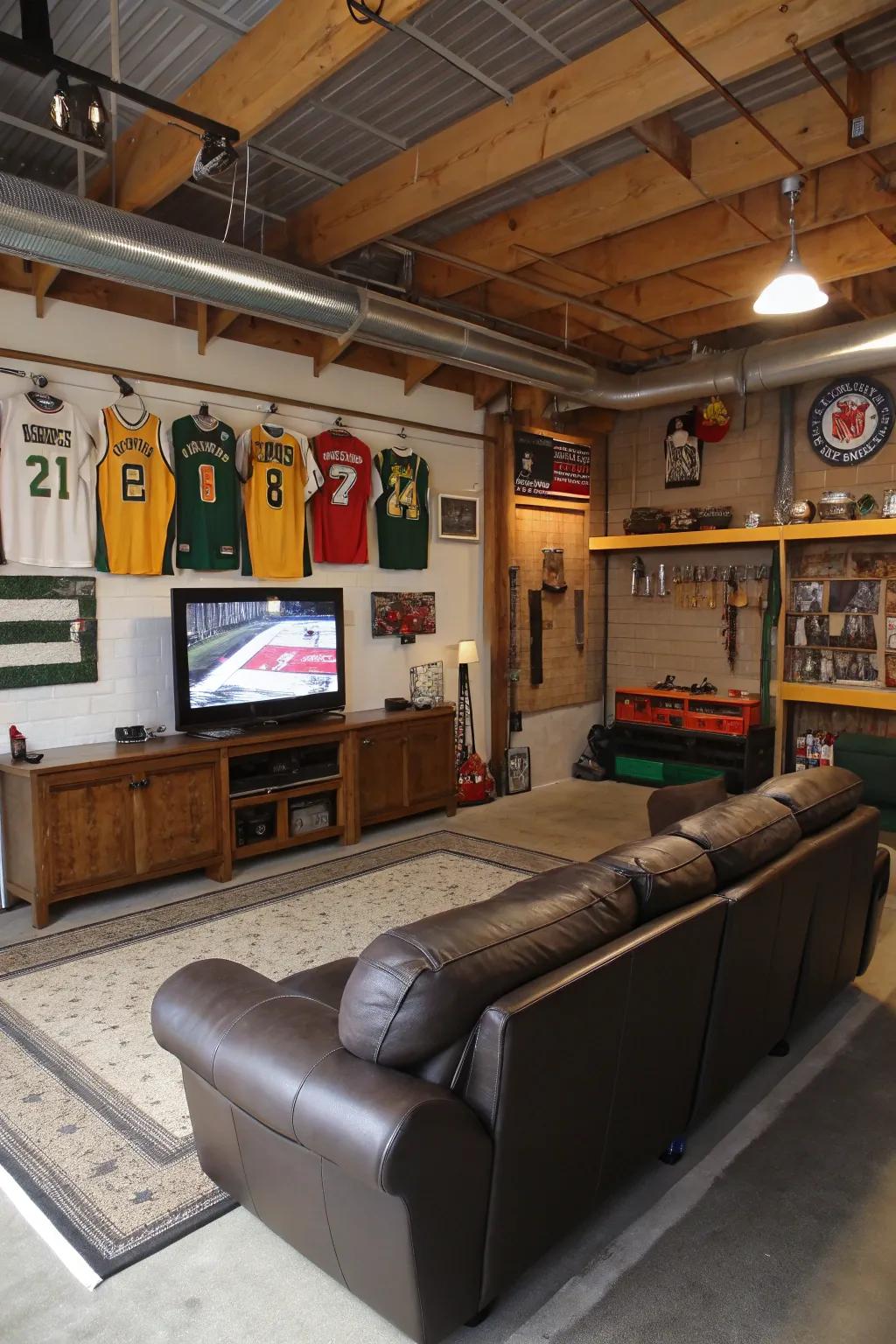 Construct the definitive personal retreat in your garage with a large TV and themed decor.