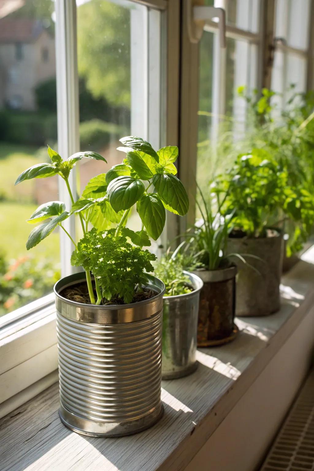 Upcycled receptacles create charming herb planters.