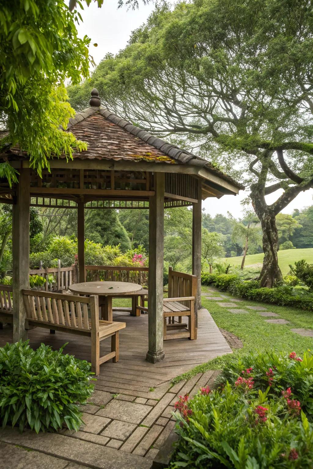 Natural wood furniture bestows a rustic charm to your outdoor area.