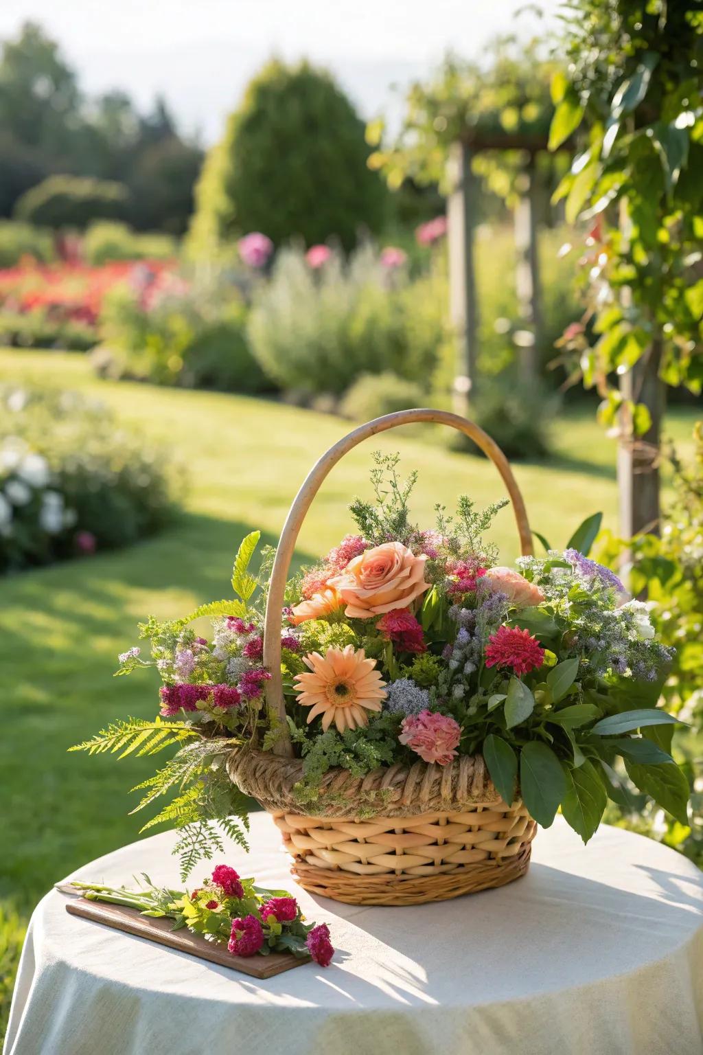 A gift basket adorned with vibrant blooms, embodying the essence of nature.