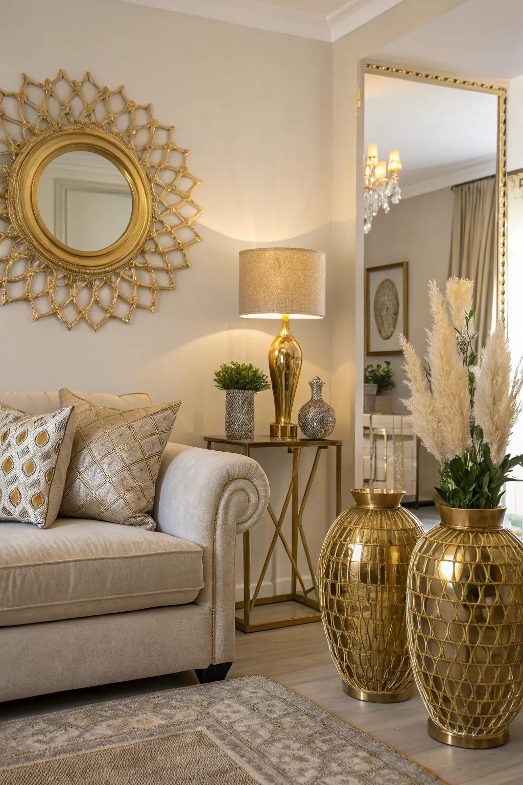 A stylish living space enhanced with gilded touches for added glamour.