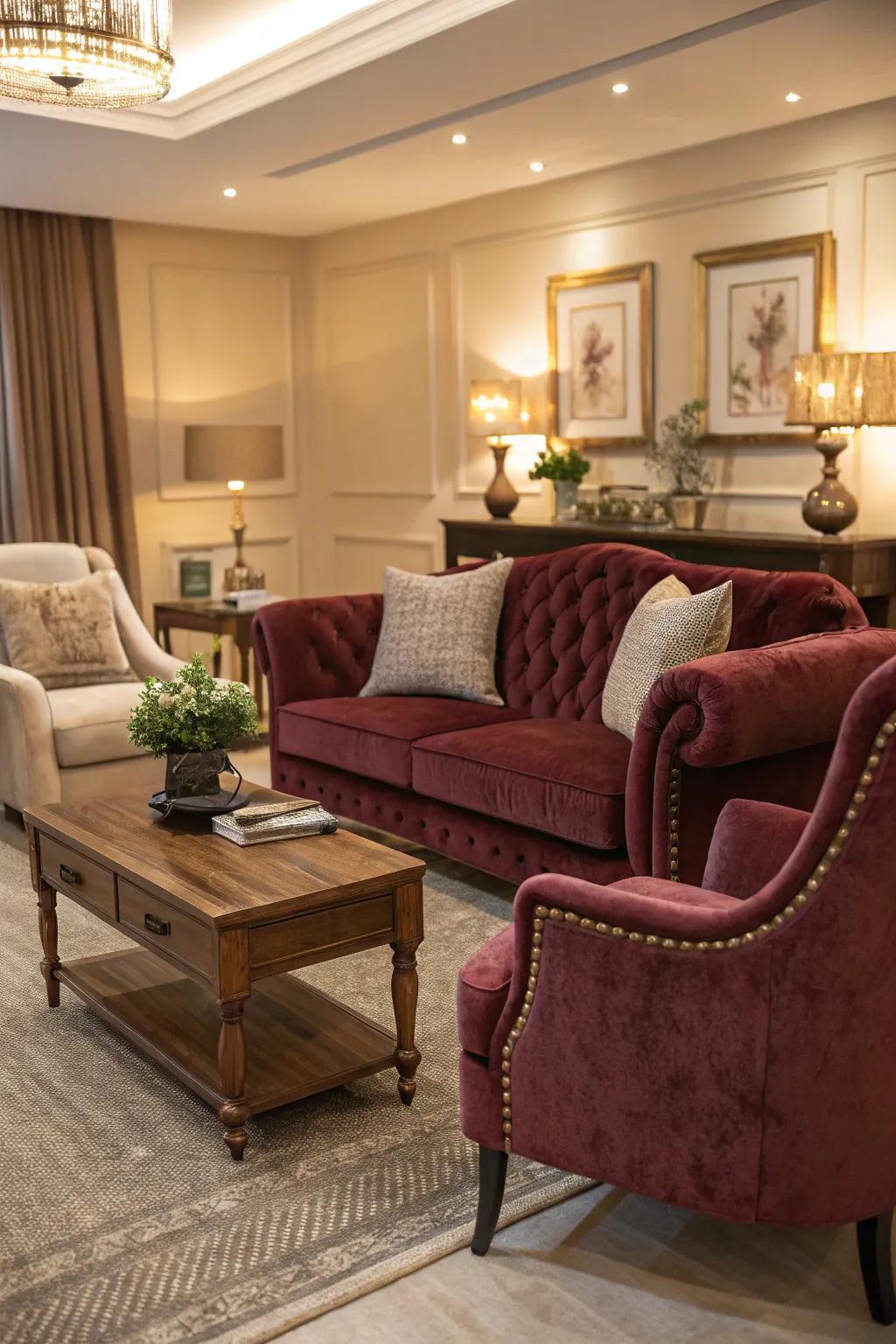 Comfort meets refinement with plush seating in a glamorous lounge.