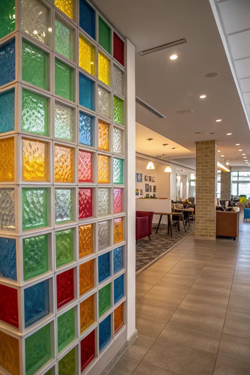 An interior that includes a colorful glass block wall, offering a lively and spirited accent.