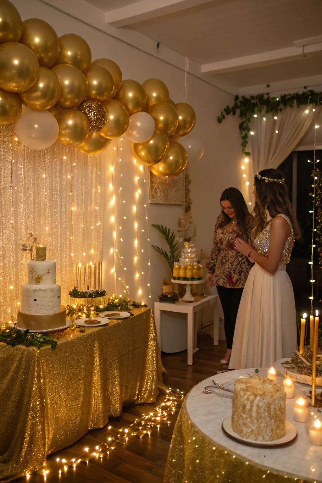 Delicate lights and candles create a magical golden ambiance.