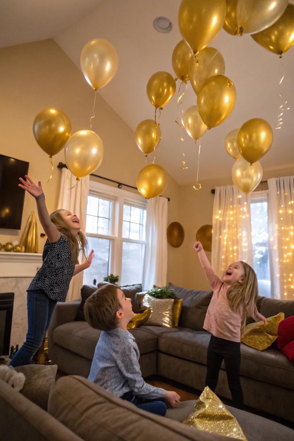 A joyous surprise with a cascade of balloons.