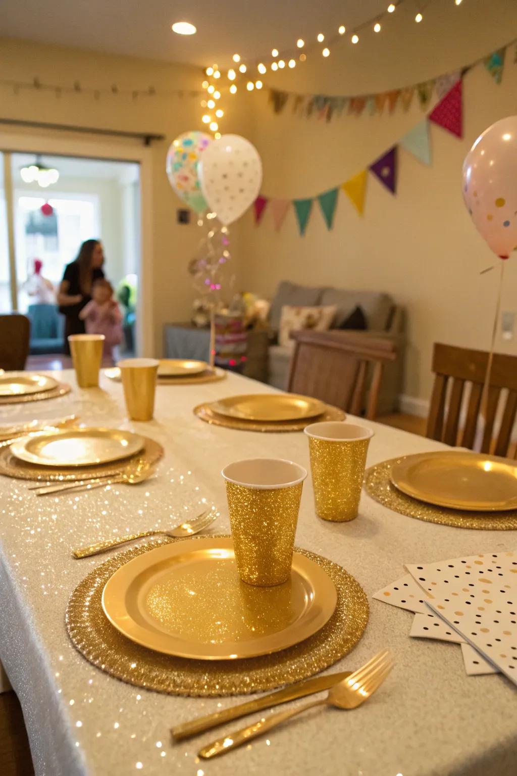 Radiant gold tableware for an integrated party theme.