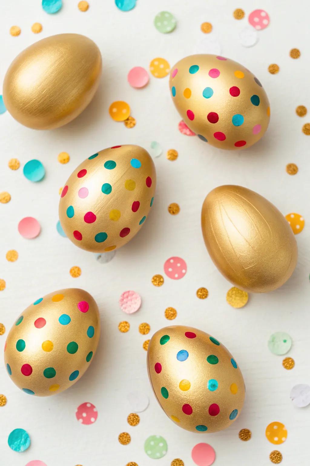 Gilded eggs with a scattering of confetti for a spirited Easter atmosphere.