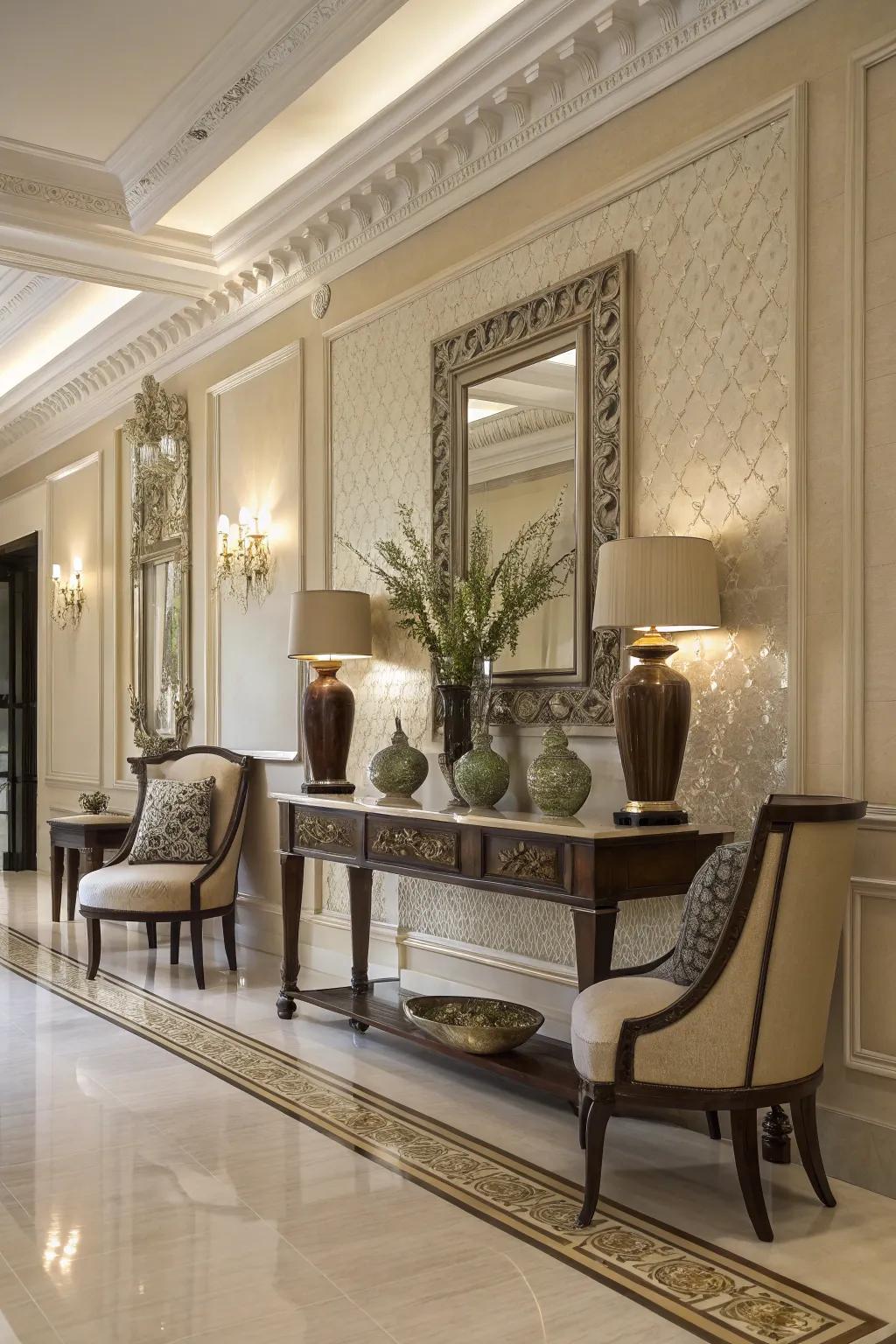 Elegant furniture adds charm and sophistication to a grand foyer.