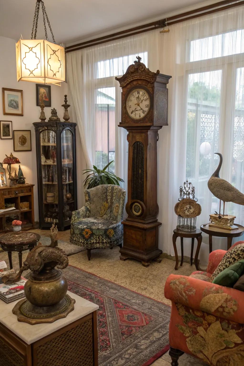 An eclectic arrangement that includes a time-honored timepiece gives any room character.