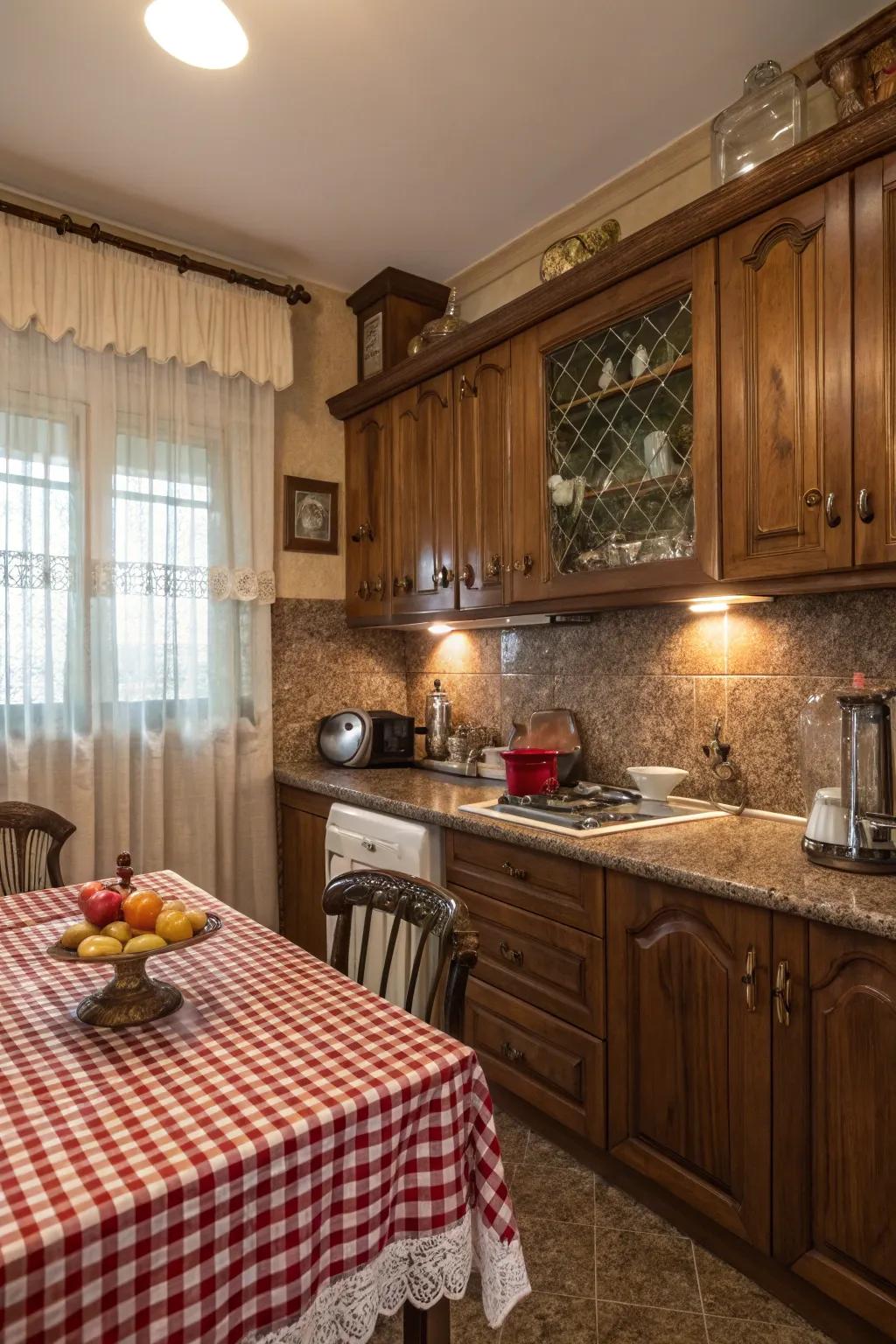 Chestnut granite countertops complement a traditional kitchen style.