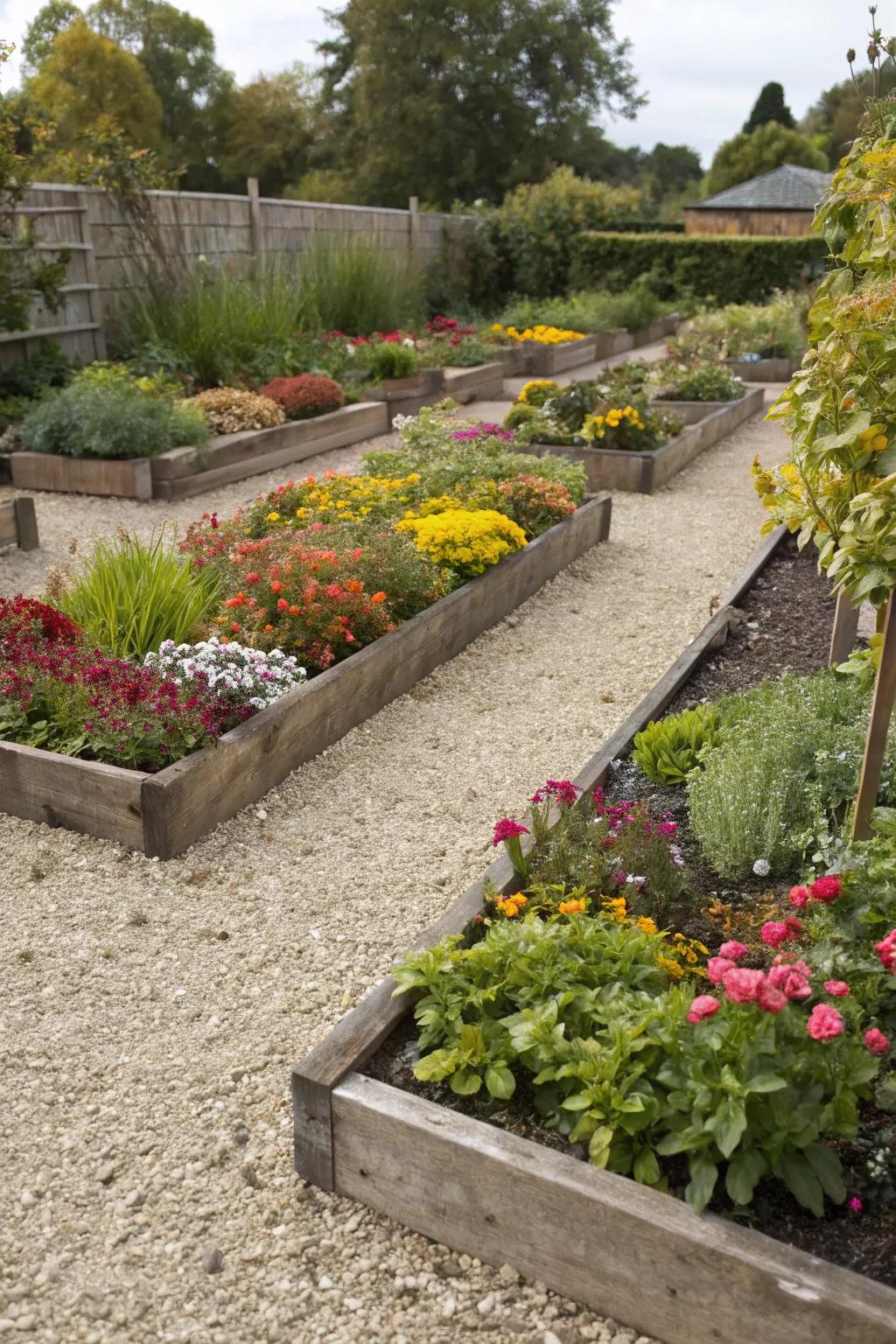 Elevated flower beds filled with pebbles and lively plants