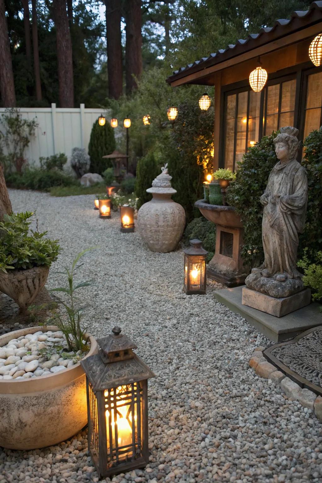 A gravel patio enhanced with captivating artistic accents and illumination.
