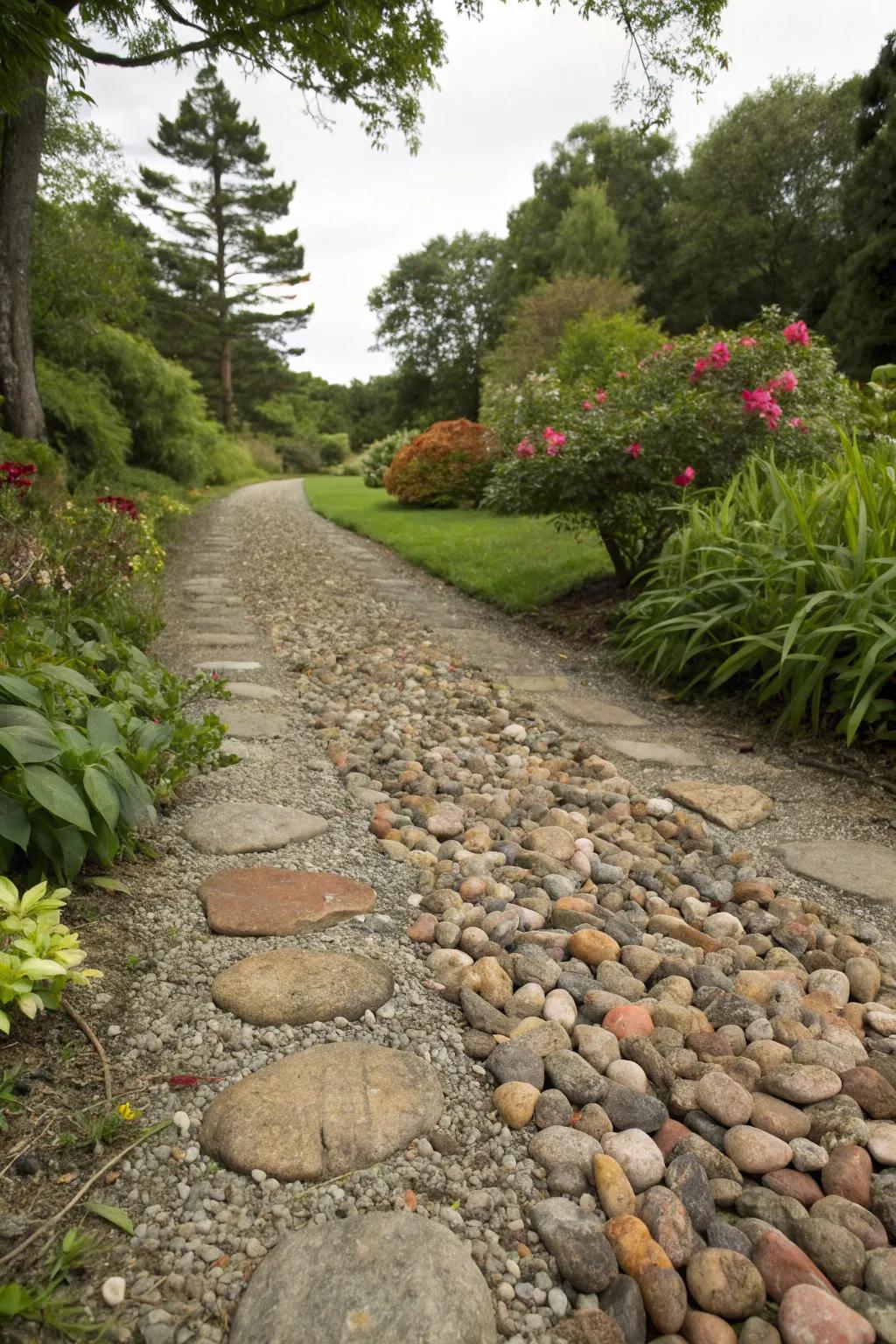 A rustic gravel path with varied textures and hues