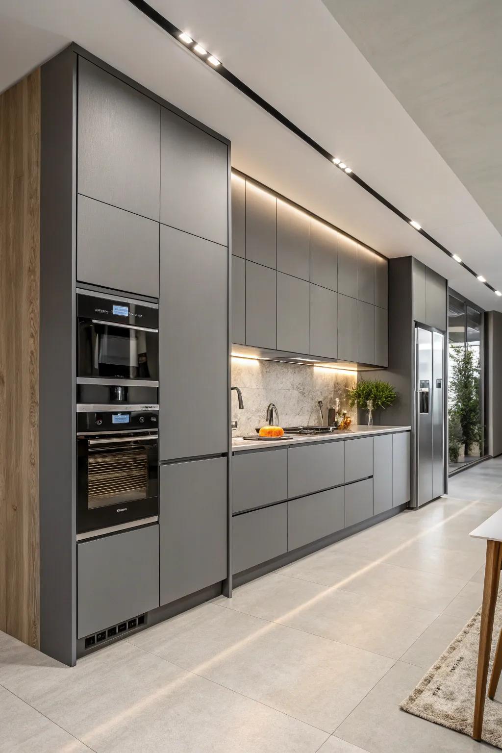 Integrated appliances fashion a seamless visual alongside gray cabinets.