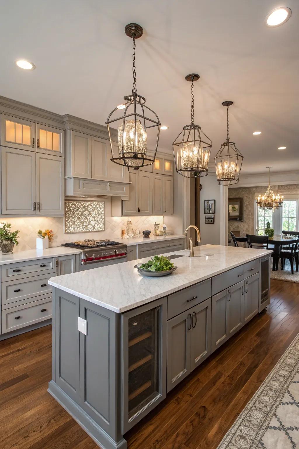 Bright illumination accentuates the streamlined design of gray cabinets.