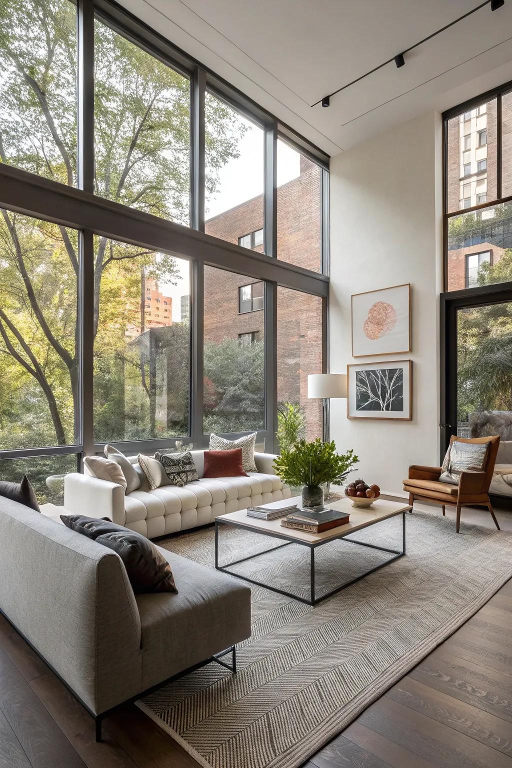 A stylish living space showcasing corner windows that grant expansive scenic views.