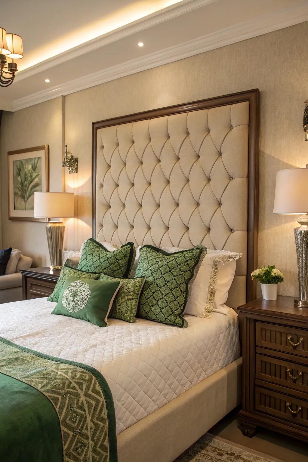 An upholstered headboard adds a dash of sophistication.