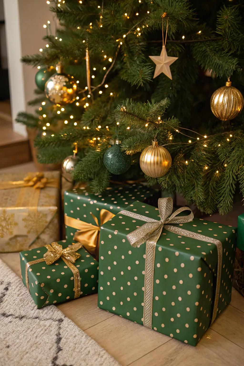 Green and gilded wrapped gifts under the tree