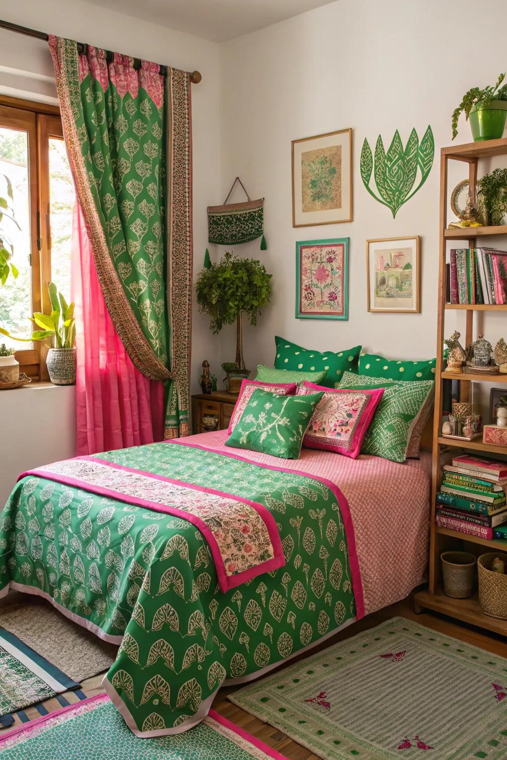 Varied patterns in verdant and rosy shades enrich your area with a playful allure.