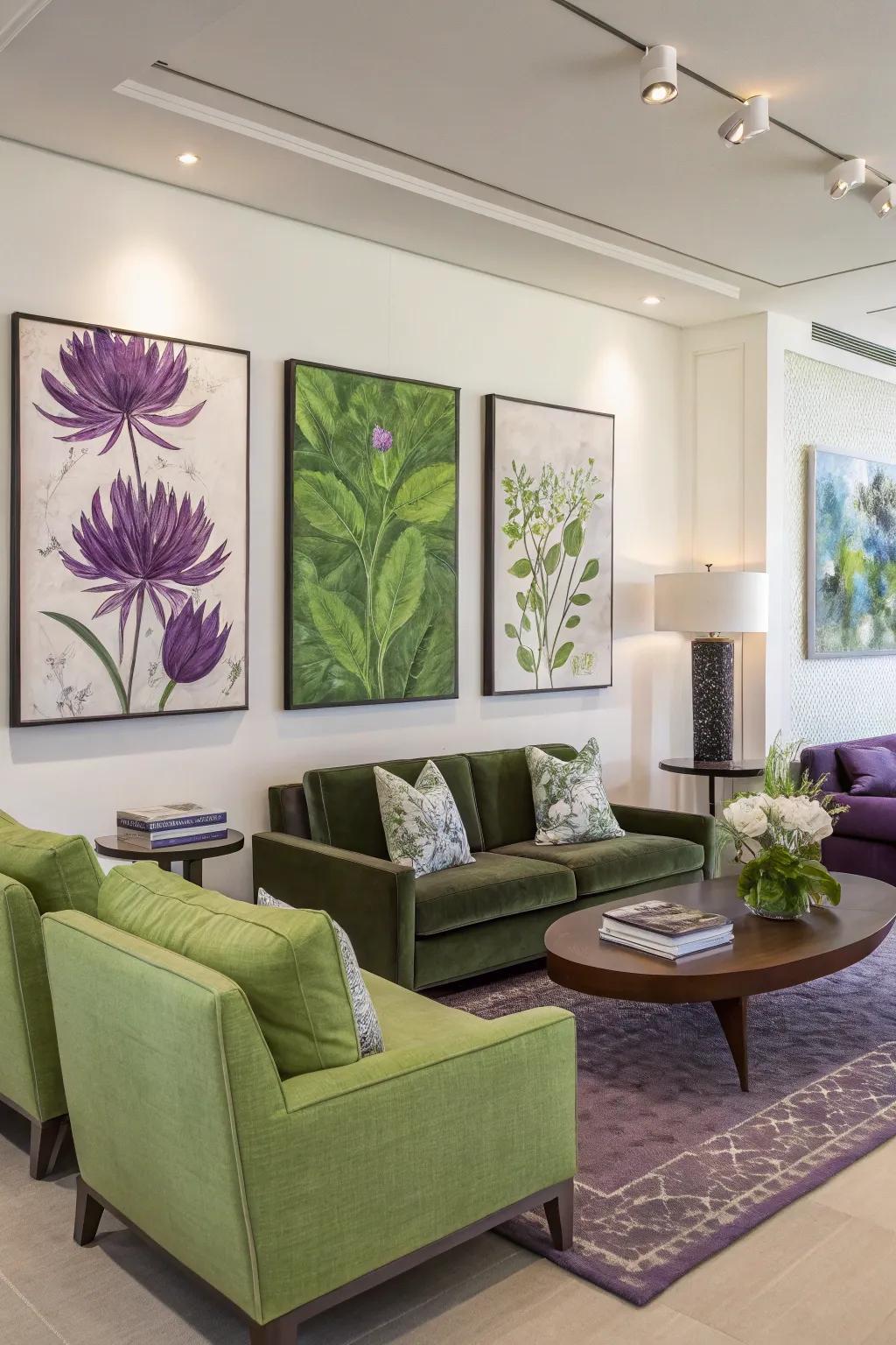 Artistic creations introducing flair to a green and purple living area.