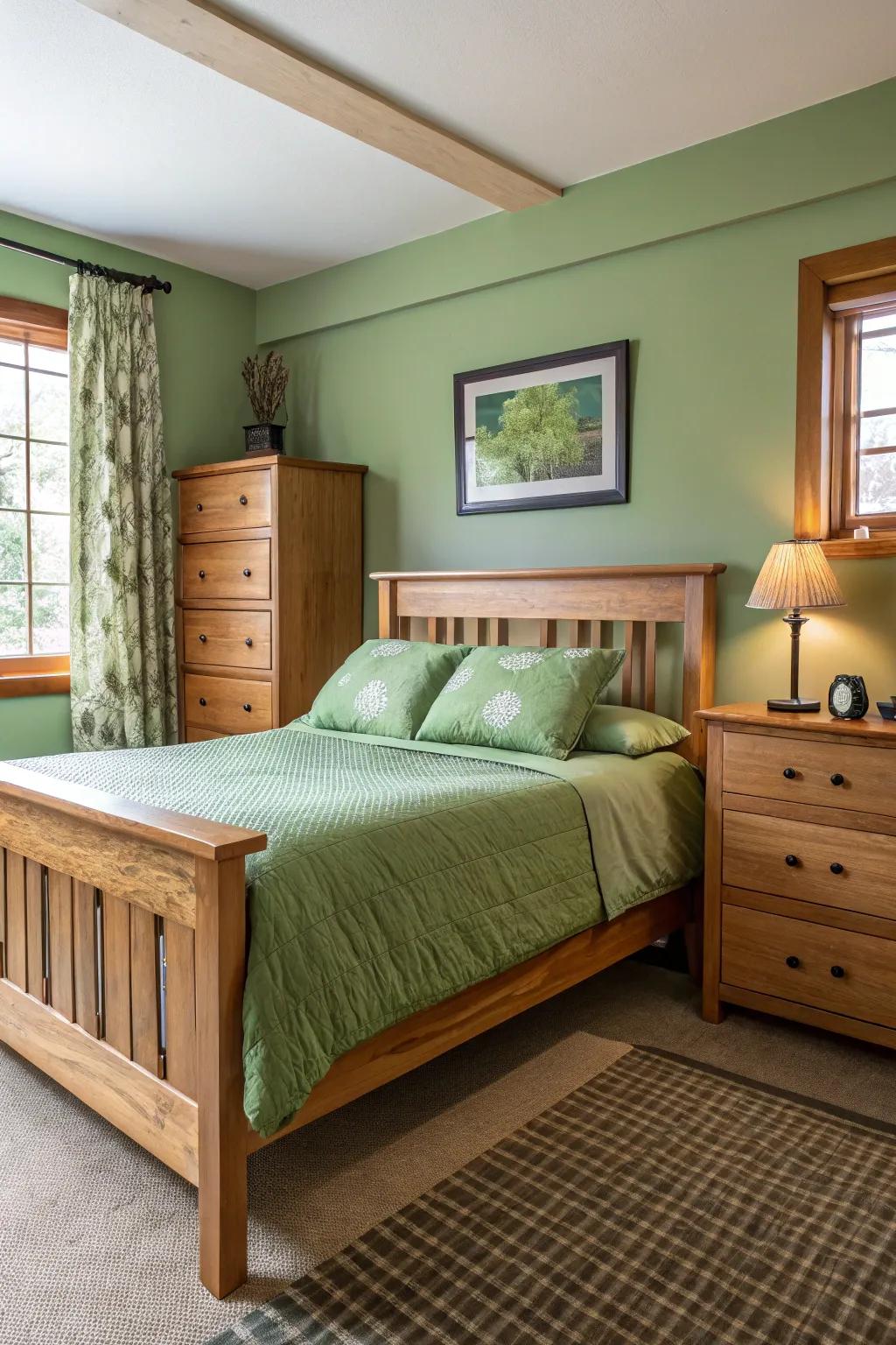 Earthy wood features complement green tones beautifully.