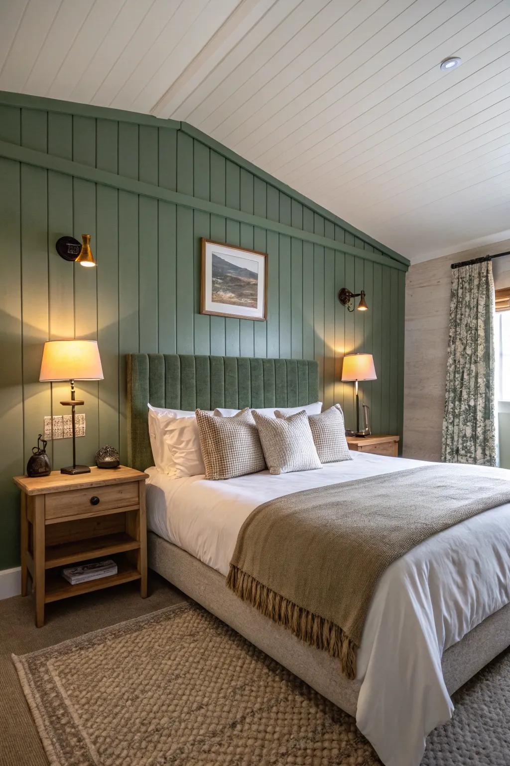 A sophisticated bedroom with a textured feature wall.