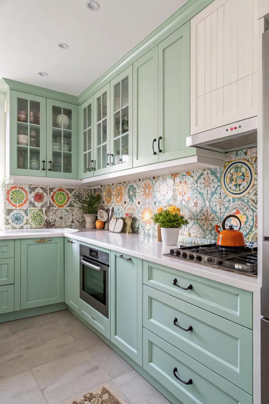 Playful kitchen featuring mint green cabinets and energetic details.