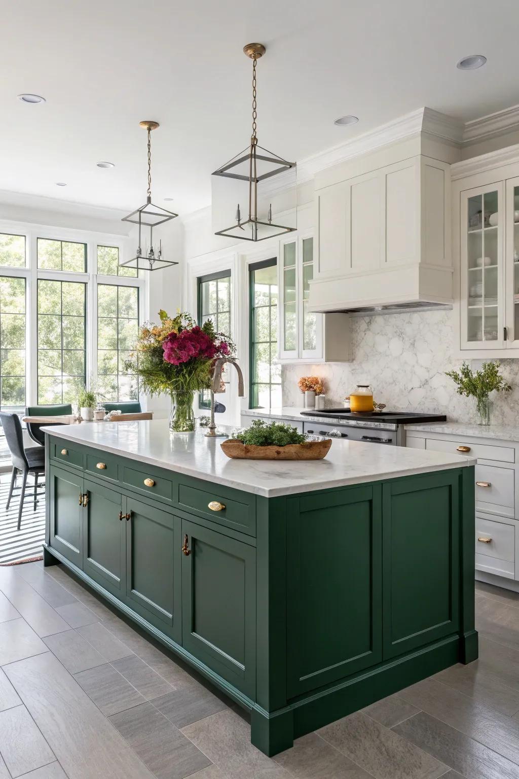 A green cooking area island brings a sophisticated splash of colour.