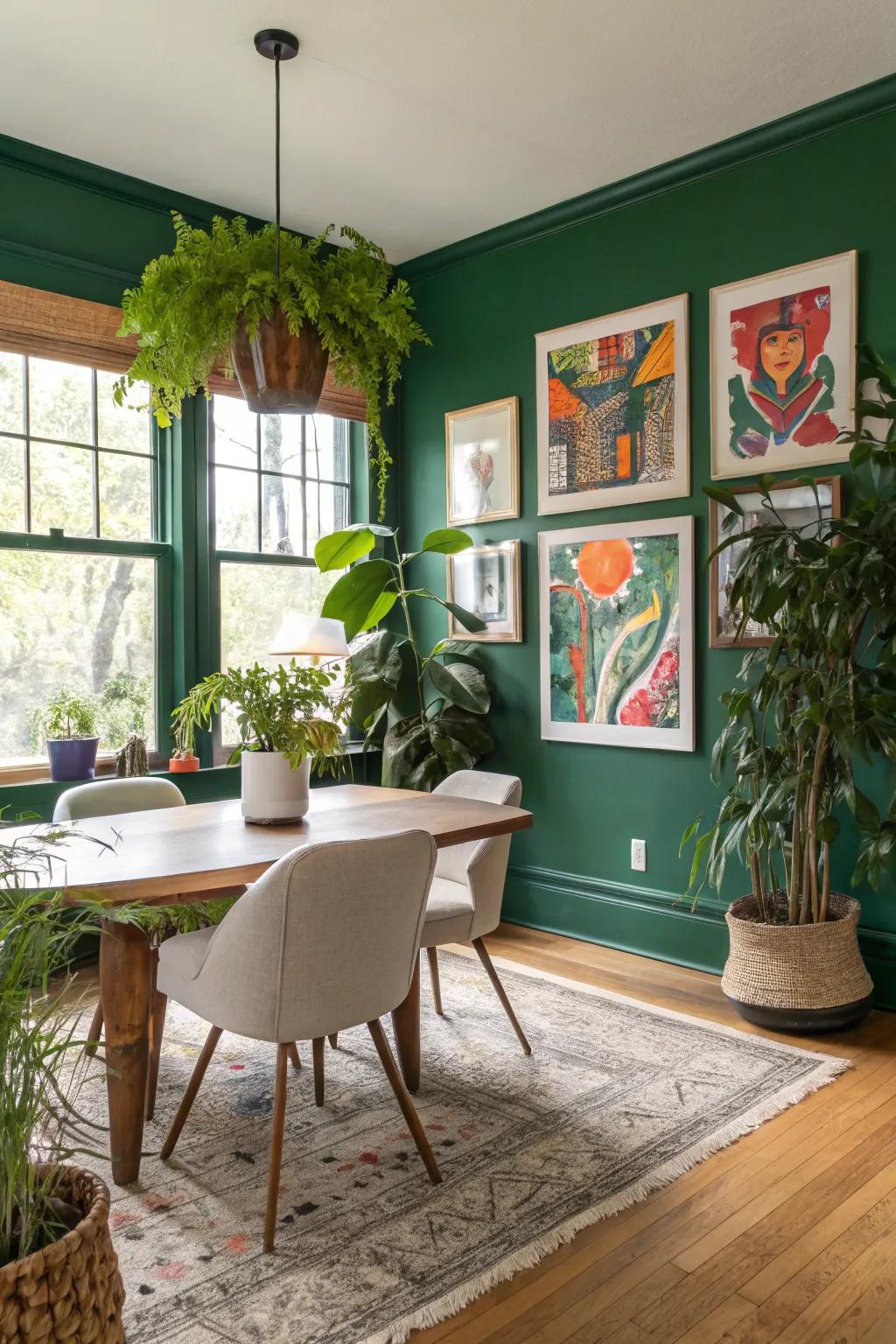 A dining room highlighted by a striking green wall.