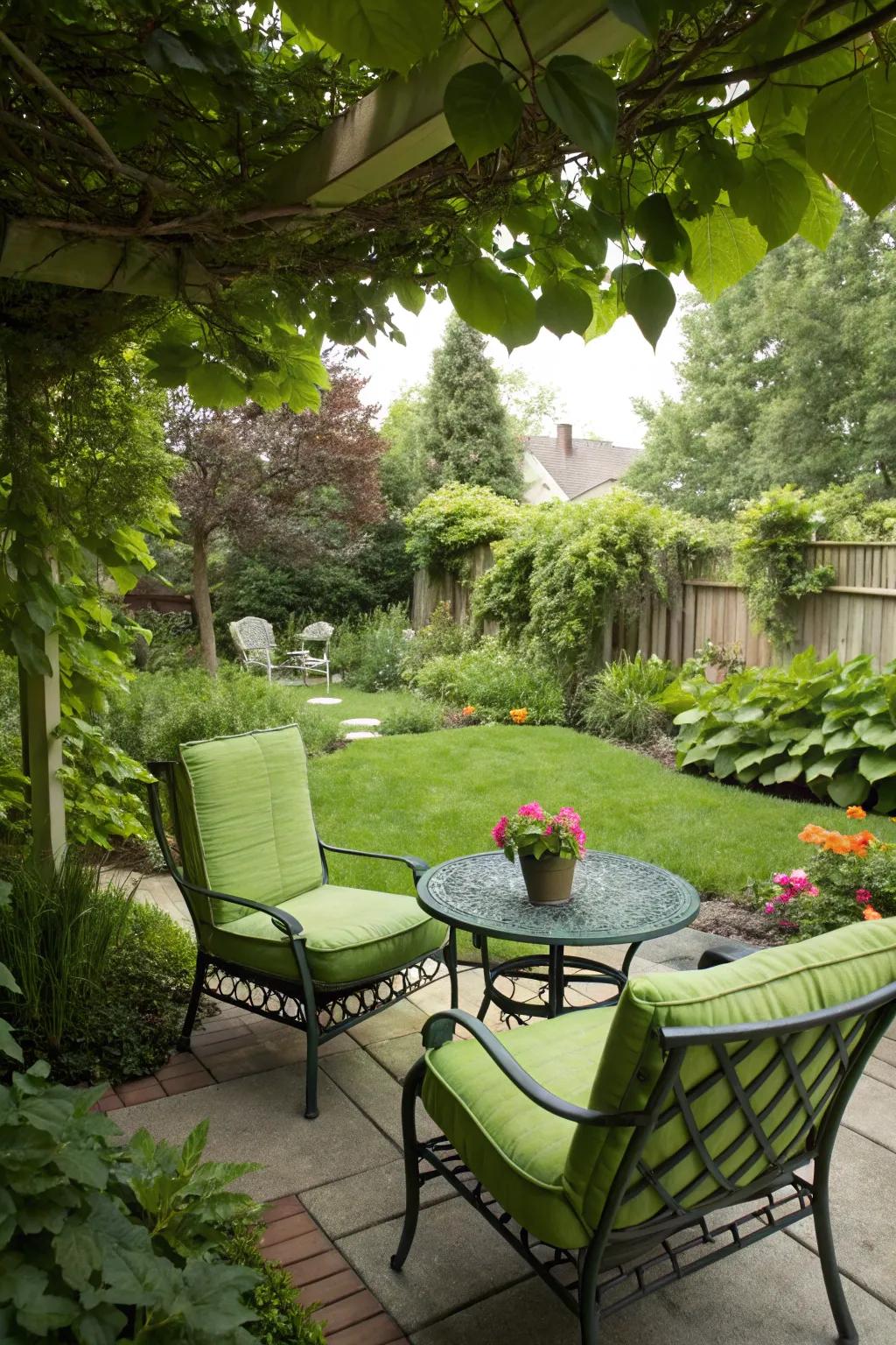 A backyard getaway showcasing verdant furnishings.