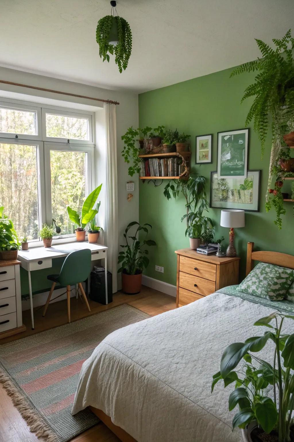 A vibrant bedroom featuring verdant walls and a spectrum of indoor flora.