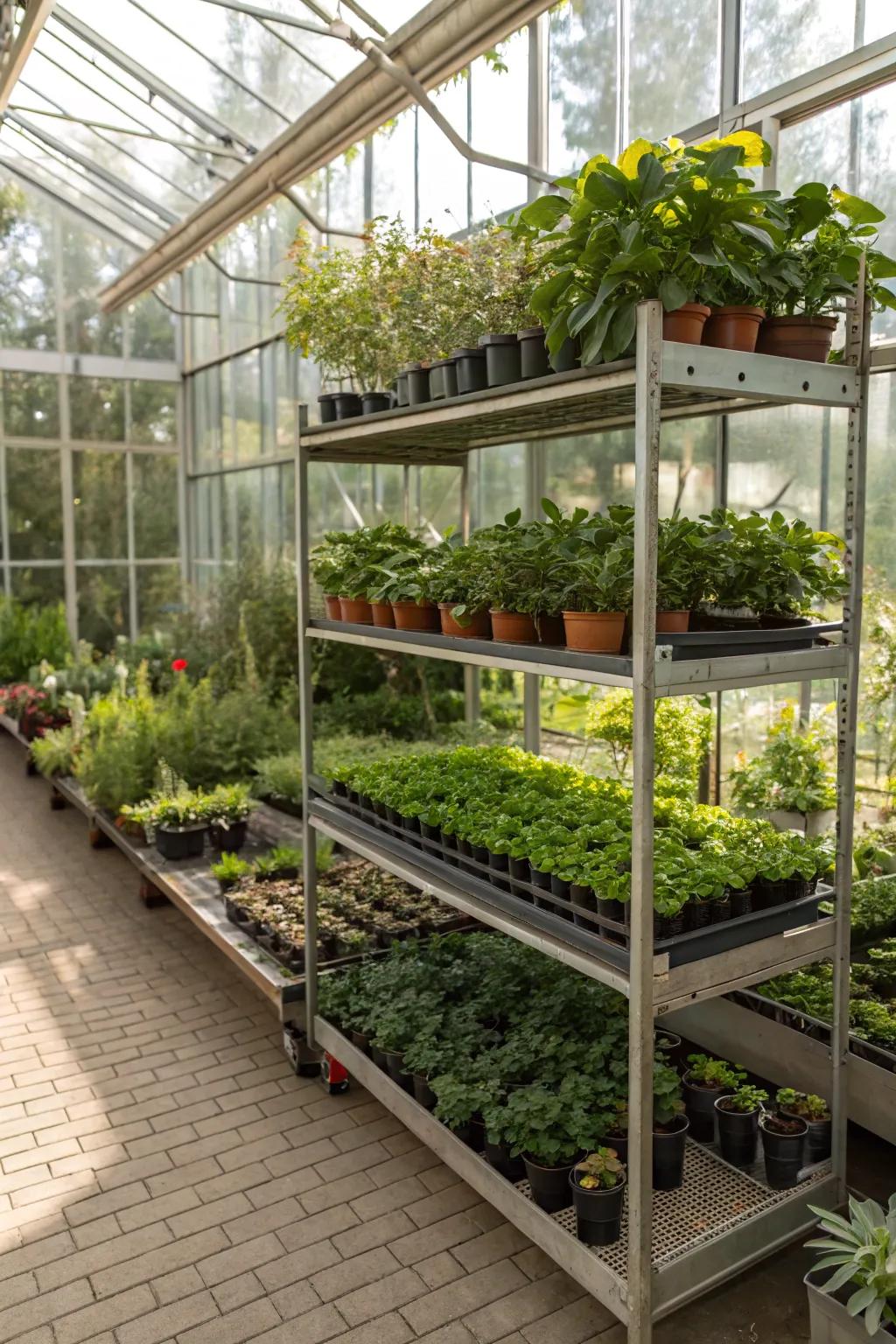 Shelves in a greenhouse with a variety of plants.