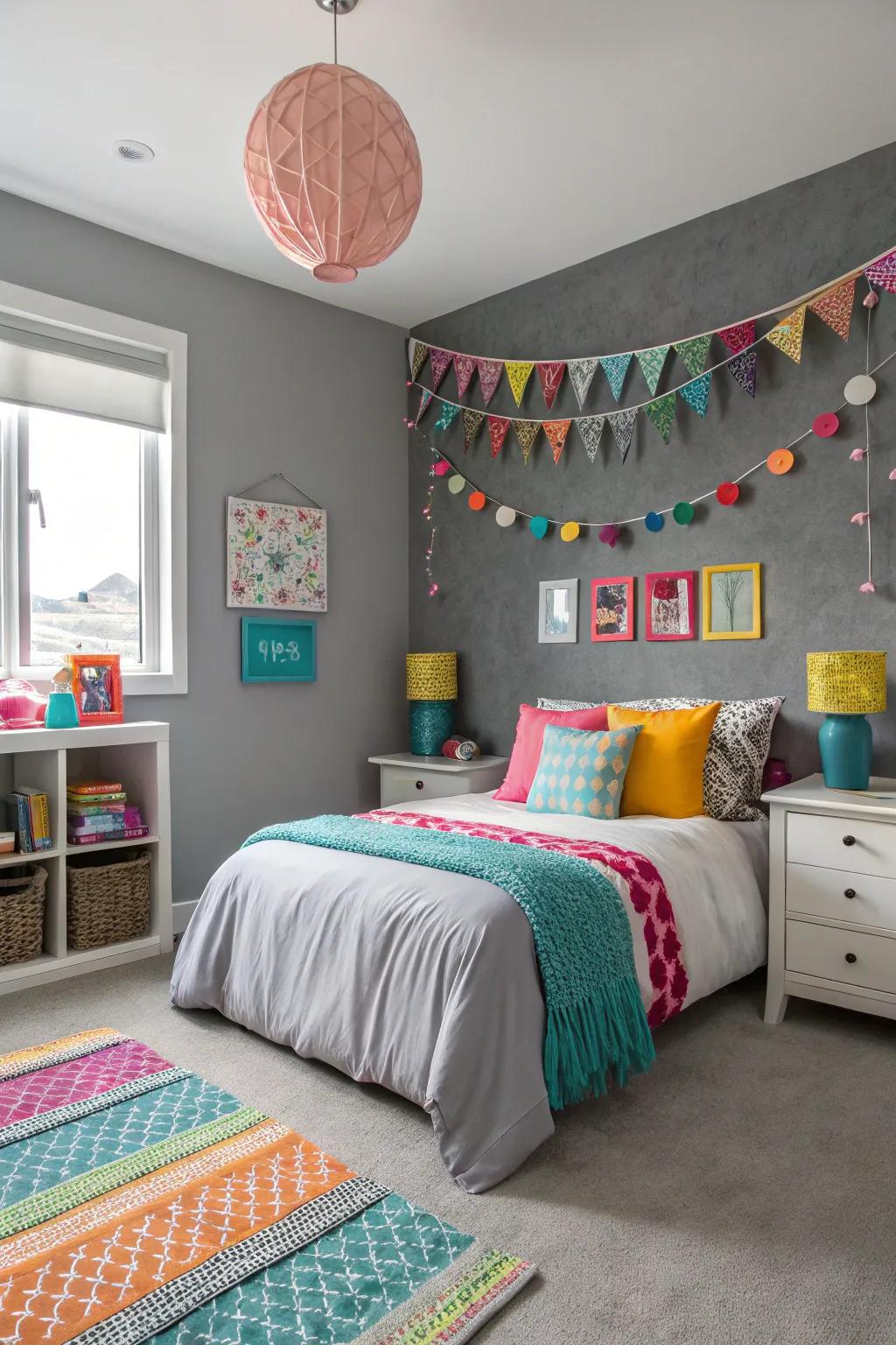A dynamically styled chamber boasting a grey statement wall and pops of vivacious color.
