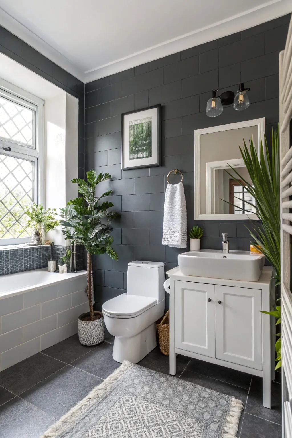 Dark graphite grey walls emanate refinement and grandeur in this contemporary bathroom.