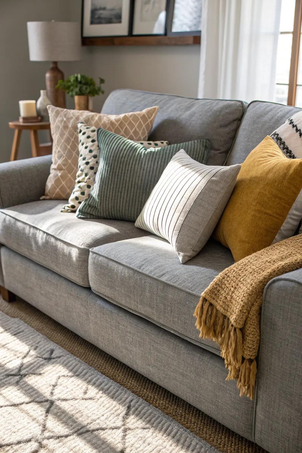 Layering varying cushion sizes yields a visually appealing scheme.